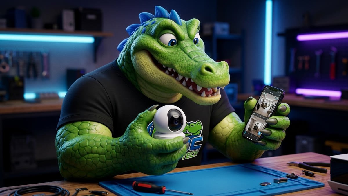 Mascote segurando a câmera numa mão e o celular com a imagem ao vivo na outra