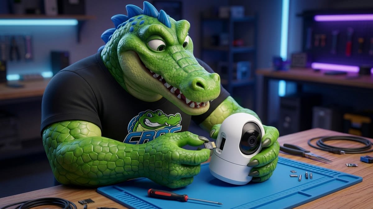 Mascote inserindo um cartão microSD na câmera de segurança