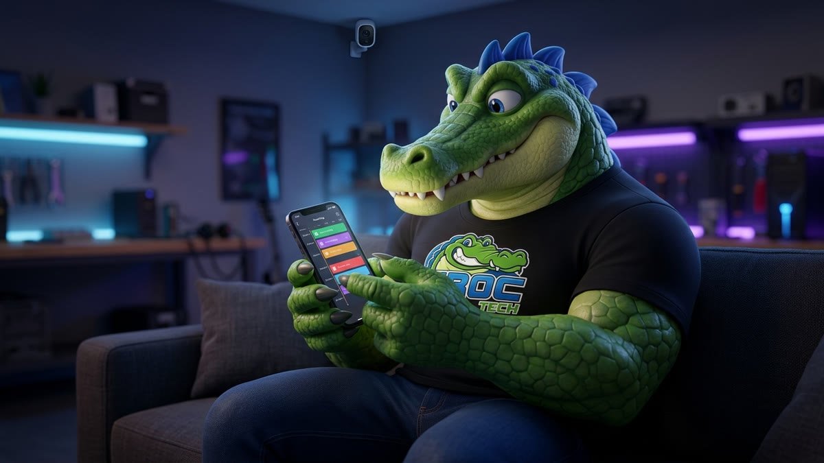 Mascote no sofá olhando a linha do tempo de gravações no celular, com a câmera na parede ao fundo
