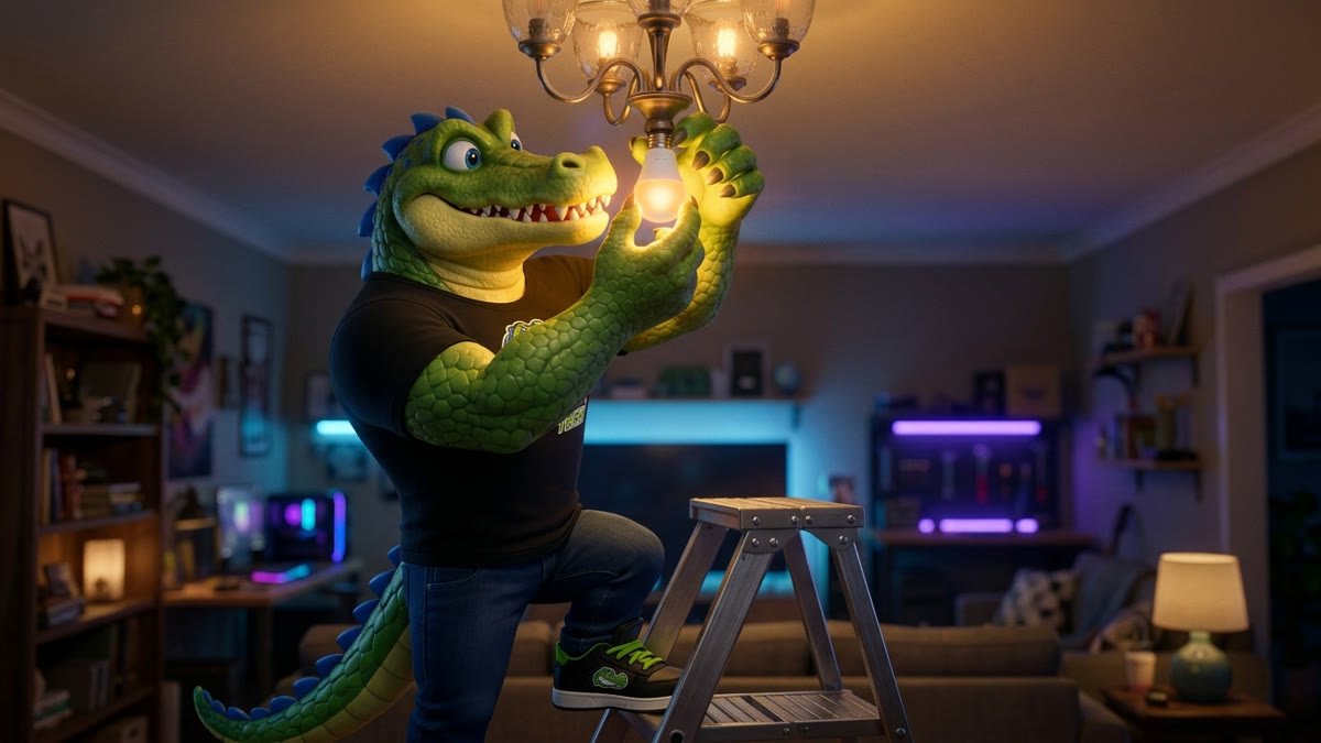 Mascote numa escada rosqueando uma lâmpada inteligente no lustre da sala