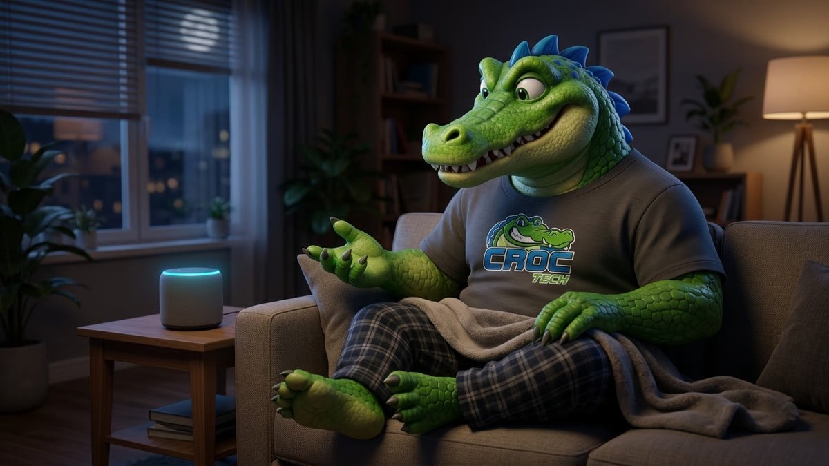 Mascote à noite no sofá, de pijama e cobertor, falando com a caixa de som inteligente