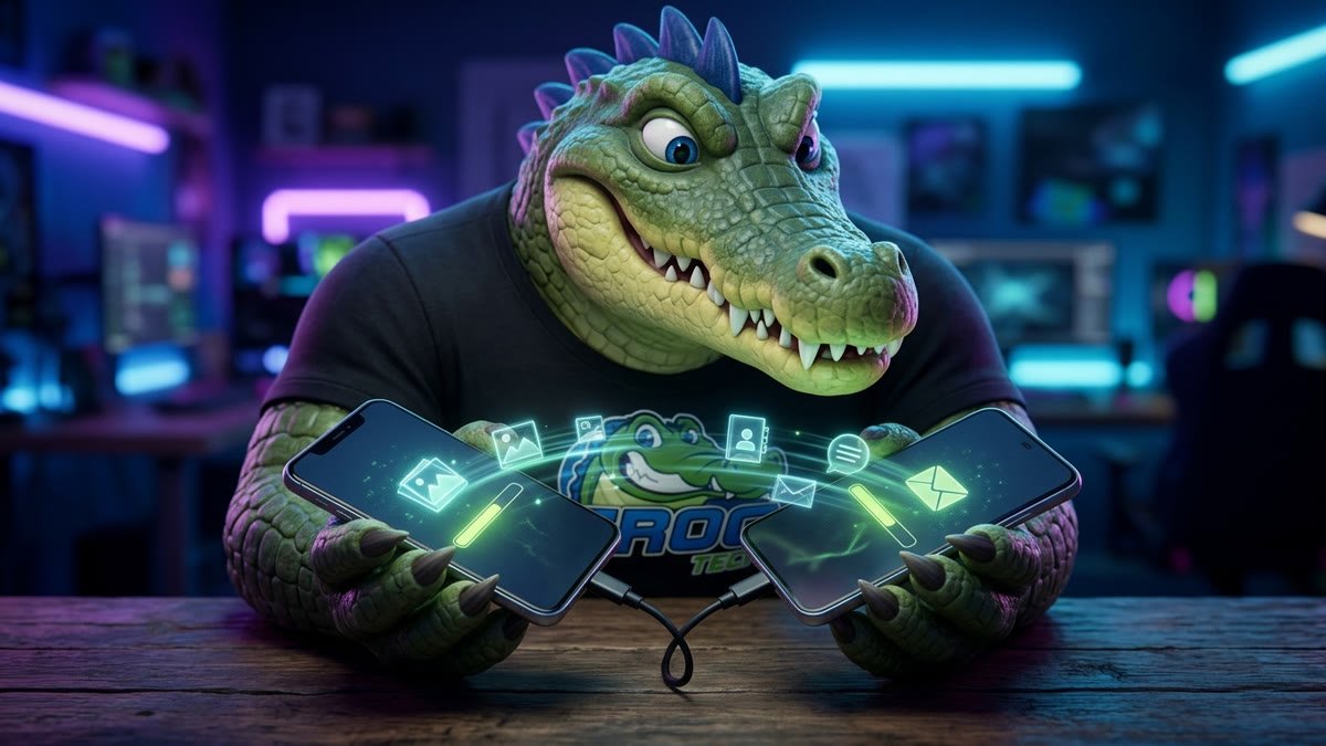 Mascote segurando dois celulares Android ligados por um cabo, com uma barra de progresso nas telas