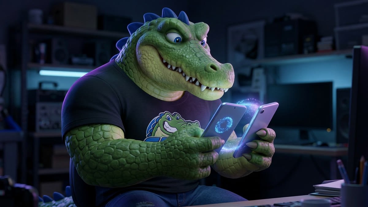 Mascote aproximando dois iPhones genéricos, um com uma animação de pareamento na tela