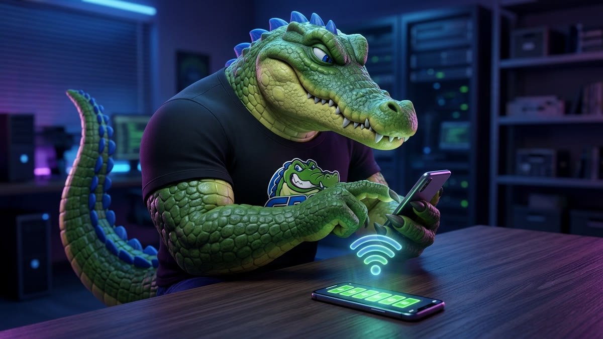 Mascote digitando um código numérico num celular Android ao lado de um iPhone genérico que mostra o mesmo código