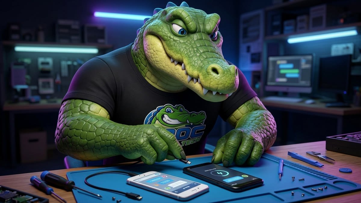 Mascote ligando um iPhone genérico a um celular Android por um cabo, sobre uma mesa