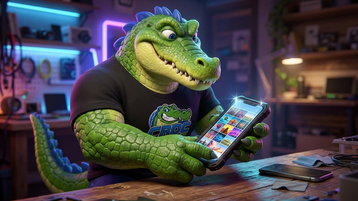 Mascote sorrindo e colocando uma capa num celular novo, com o celular antigo ao lado
