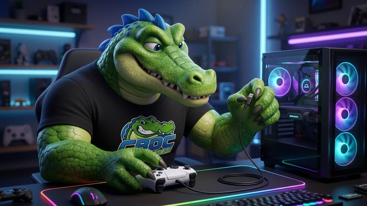 Mascote crocodilo da CrocTech ligando o cabo USB de um controle branco num PC gamer