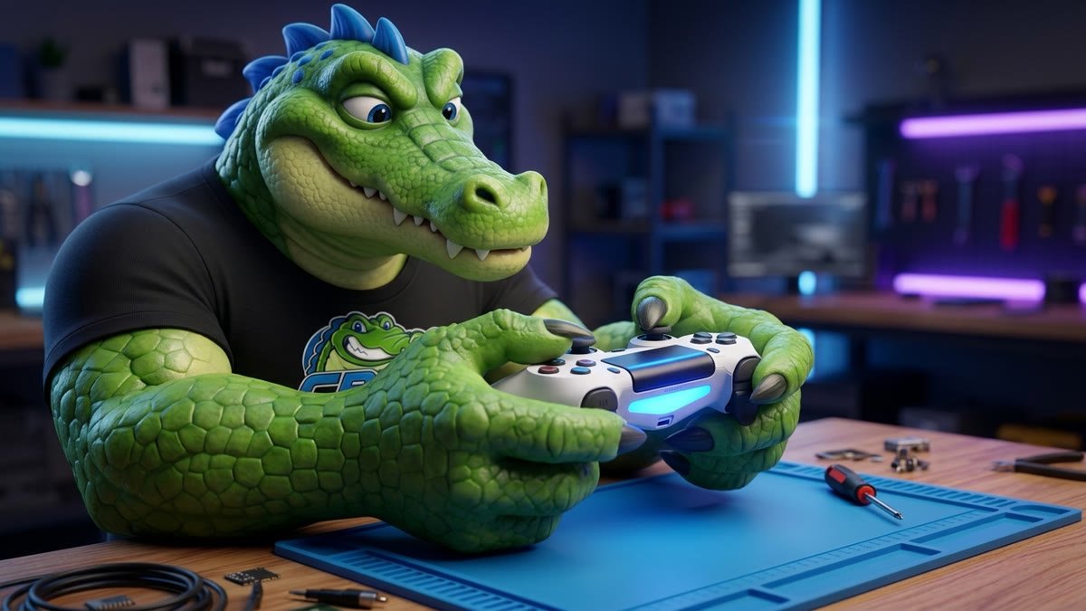 Mascote segurando um controle branco com a barra de luz azul acesa