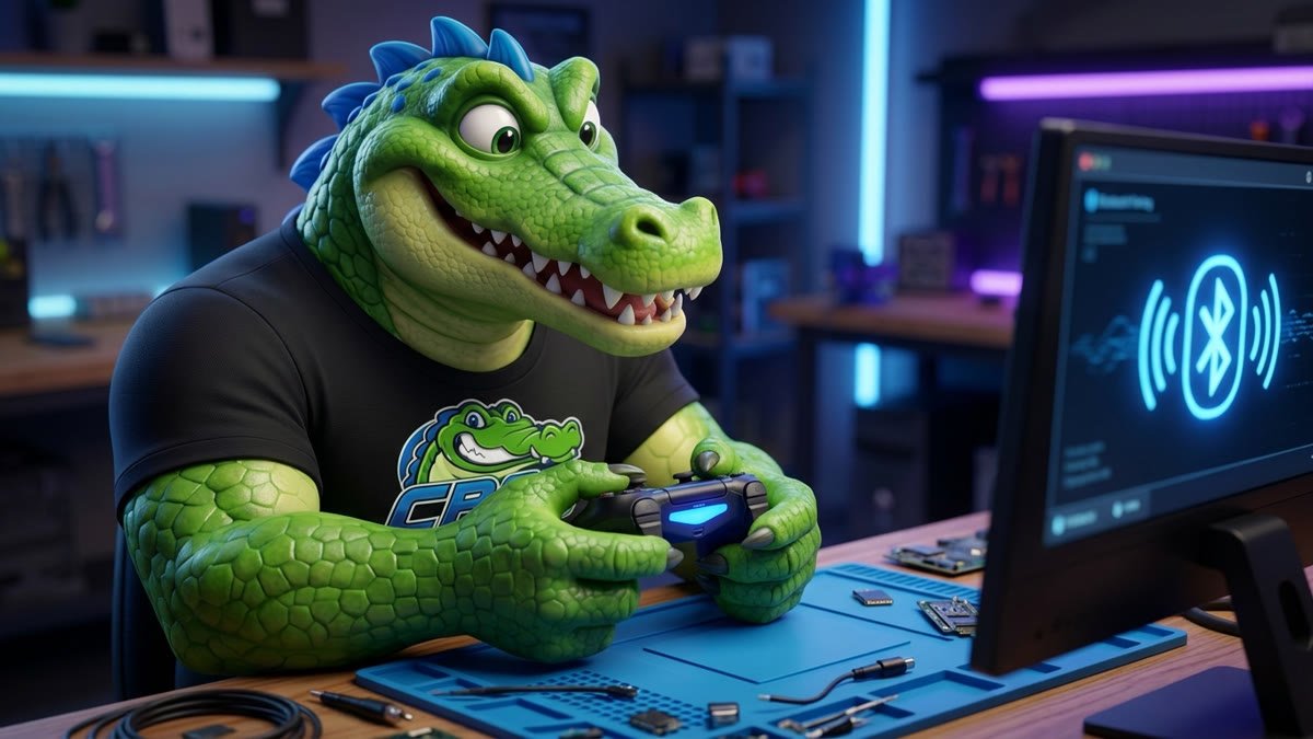 Mascote segurando um controle escuro diante do monitor que mostra o ícone do Bluetooth