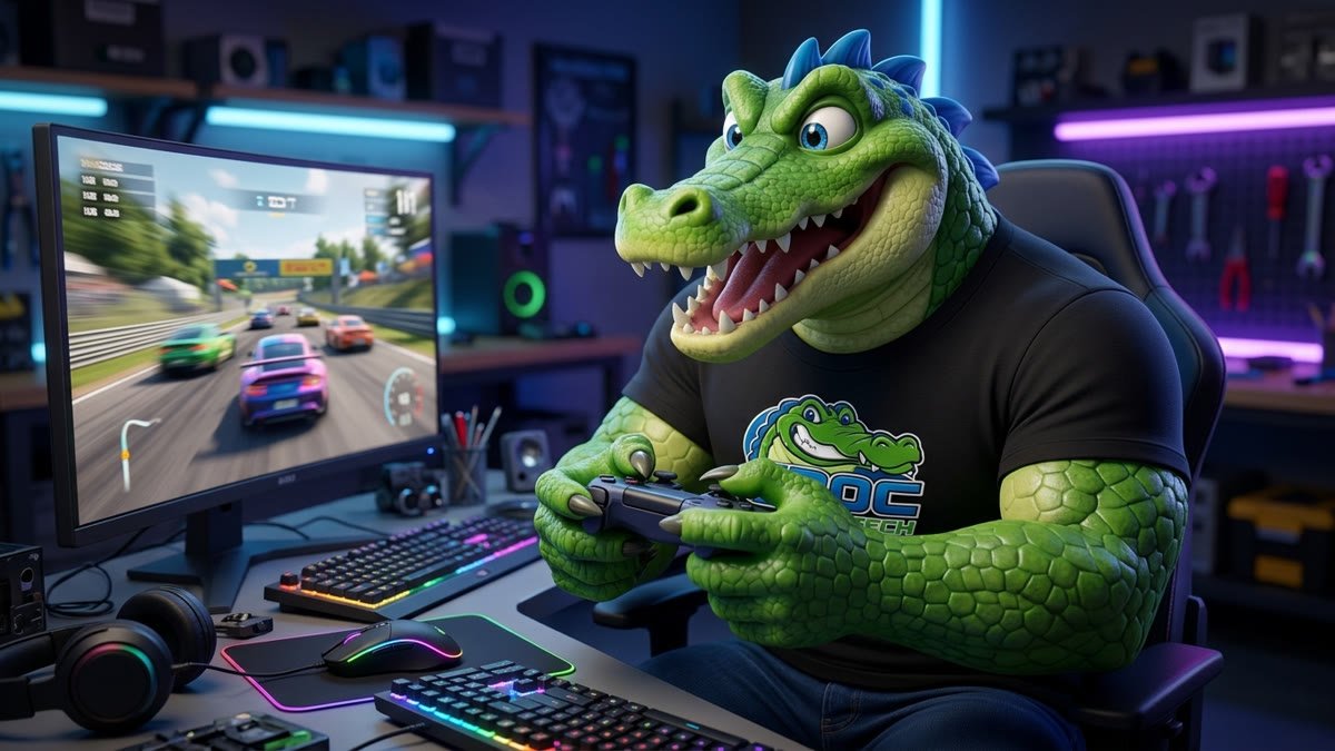 Mascote animado jogando um jogo de corrida no PC com o controle