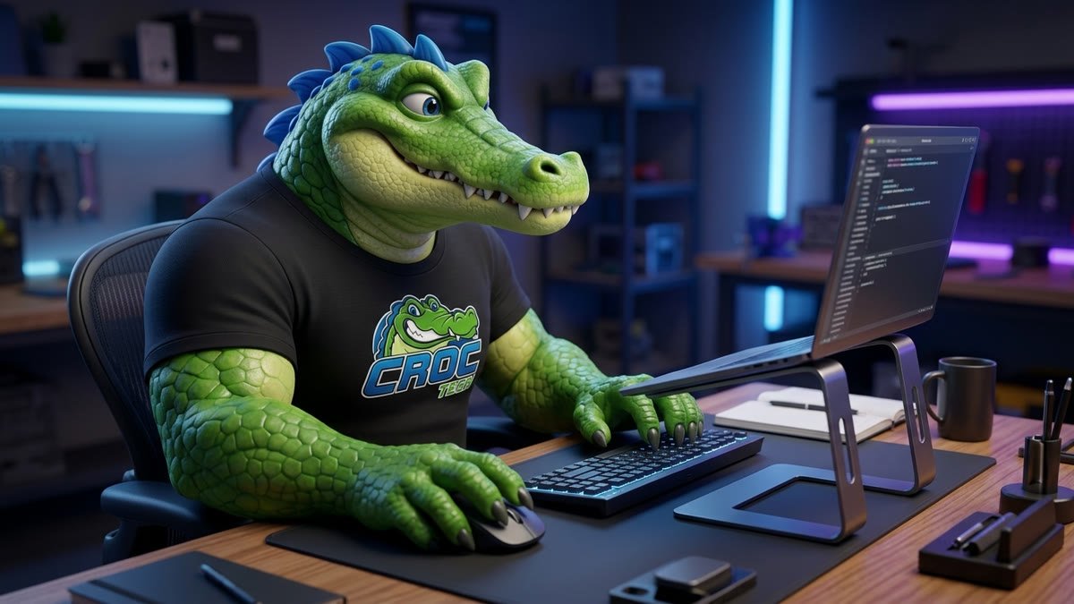 Mascote digitando num teclado externo com mouse, com o notebook elevado no suporte