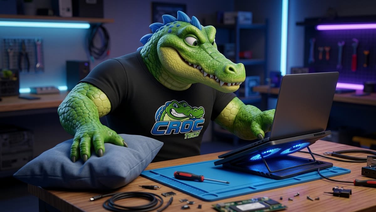 Mascote colocando o notebook numa base com ventoinhas acesas e afastando uma almofada