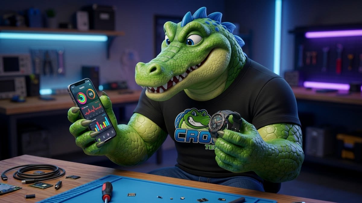 Mascote crocodilo da CrocTech com o app de saúde aberto no celular e um smartwatch na outra mão
