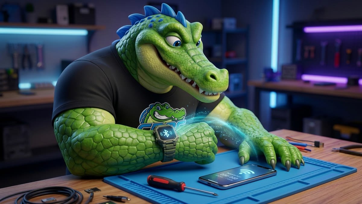 Mascote emparelhando o smartwatch no pulso com o celular sobre a mesa