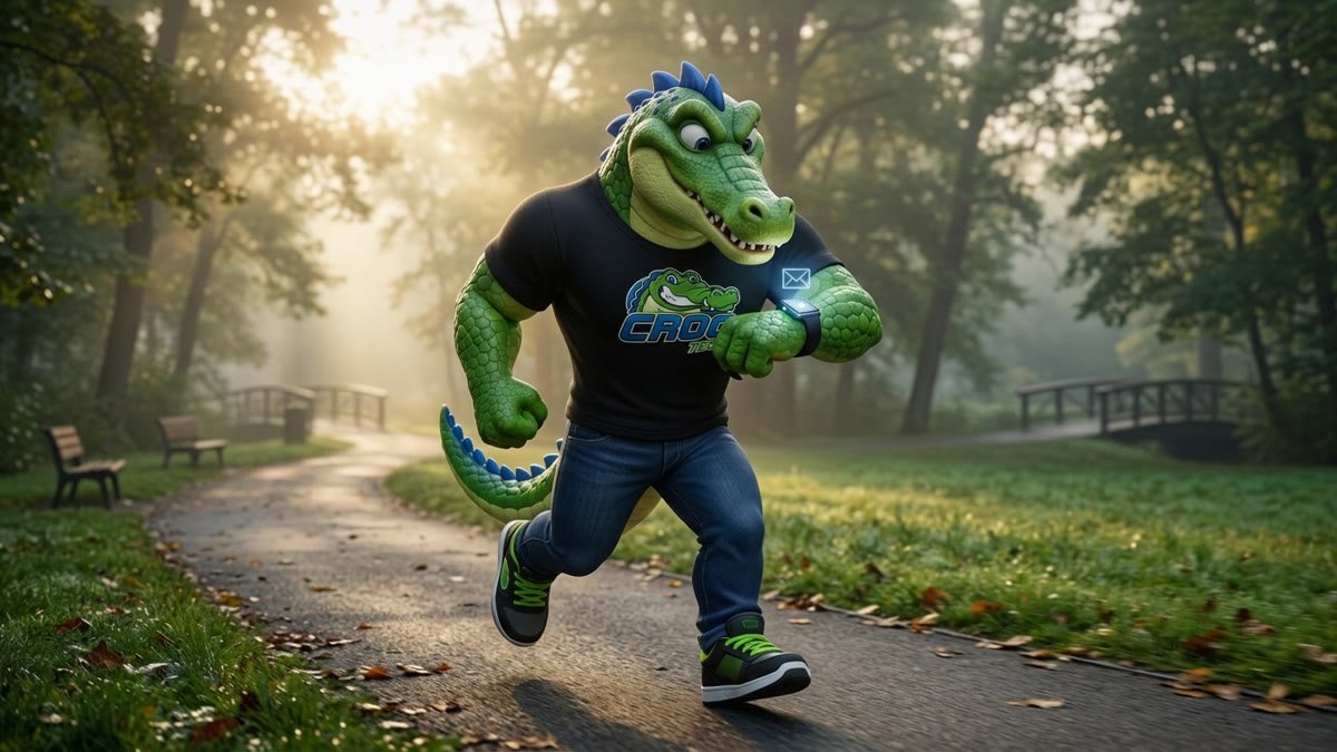 Mascote correndo no parque ao amanhecer e recebendo uma notificação no smartwatch
