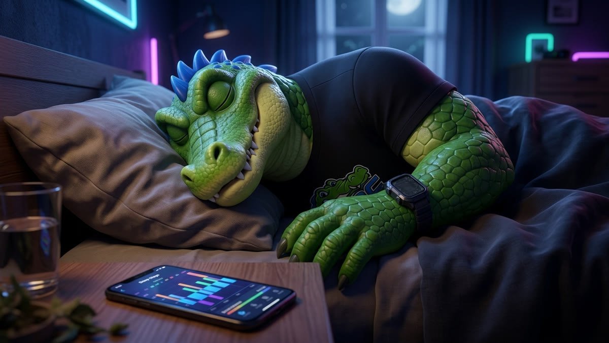 Mascote dormindo com o smartwatch no pulso e o celular na cabeceira mostrando o gráfico do sono