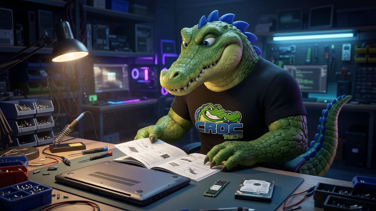 Mascote crocodilo da CrocTech lendo o manual do notebook numa bancada, com um SSD M.2 e um HD de 2,5 polegadas ao lado
