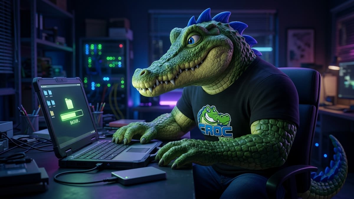 Mascote no notebook acompanhando a barra de progresso de um backup, com um HD externo ligado por cabo