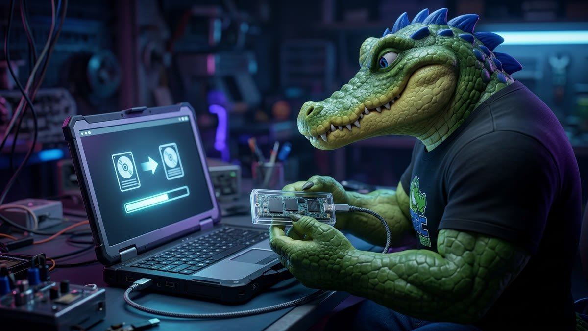 Mascote segurando um case USB transparente com um SSD dentro, ligado ao notebook que mostra a clonagem entre dois discos