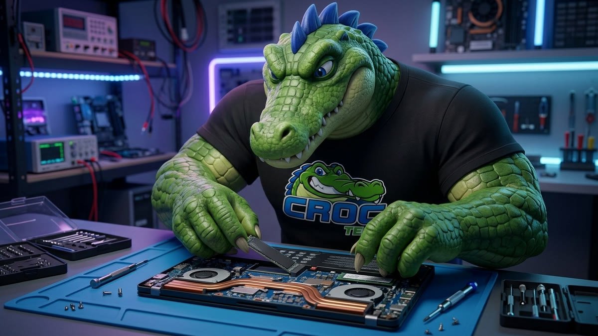 Mascote encaixando um SSD M.2 no notebook aberto por baixo, sobre um tapete antiestático azul