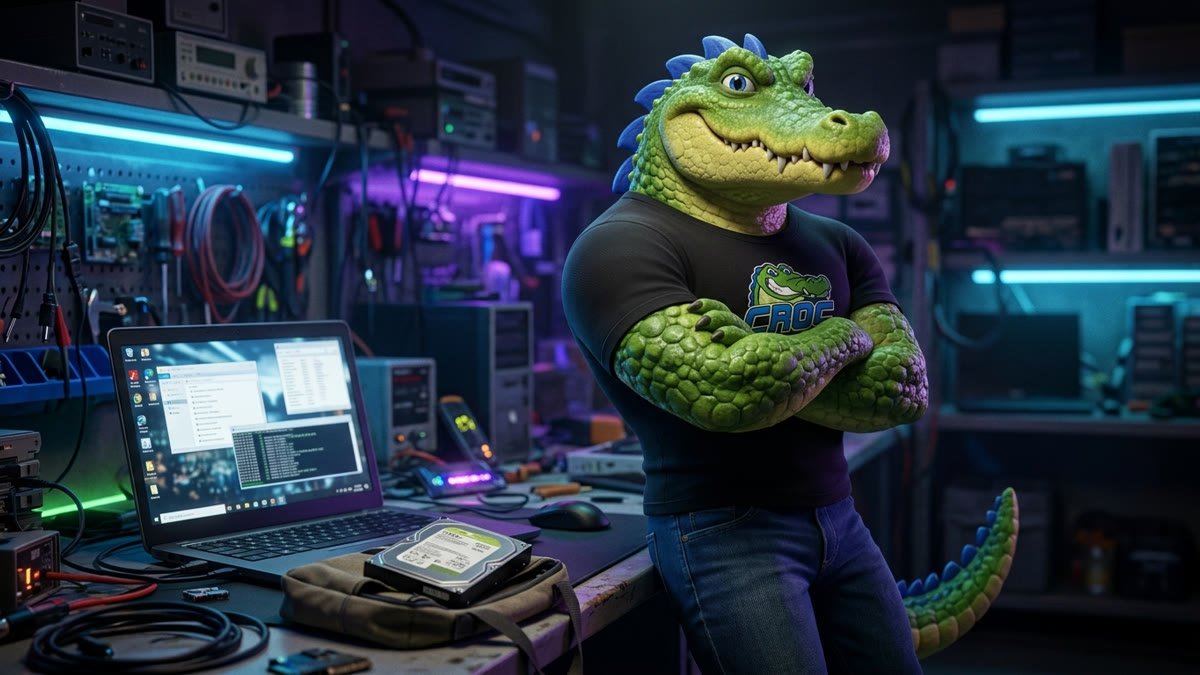 Mascote de braços cruzados ao lado do notebook ligado, com o HD antigo guardado na mesa