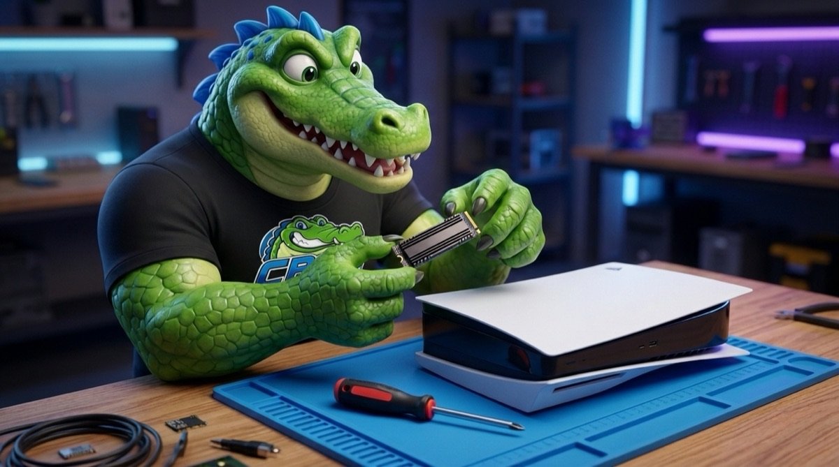 Mascote crocodilo da CrocTech segurando um SSD M.2 com dissipador ao lado de um console e de uma chave Phillips