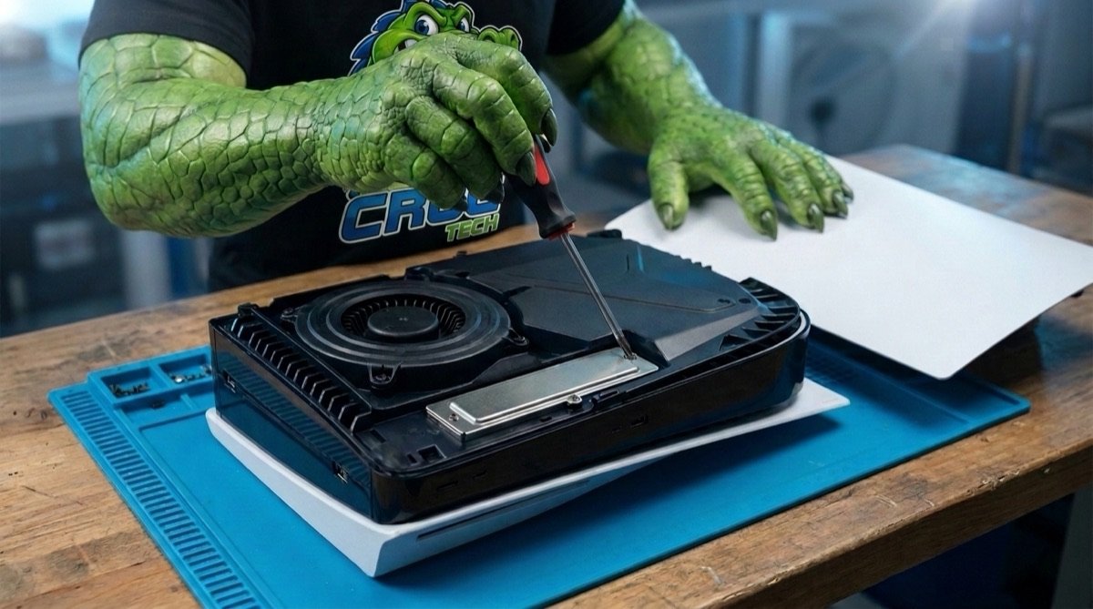 Mascote parafusando a tampa metálica do compartimento M.2, com a tampa branca do console ao lado