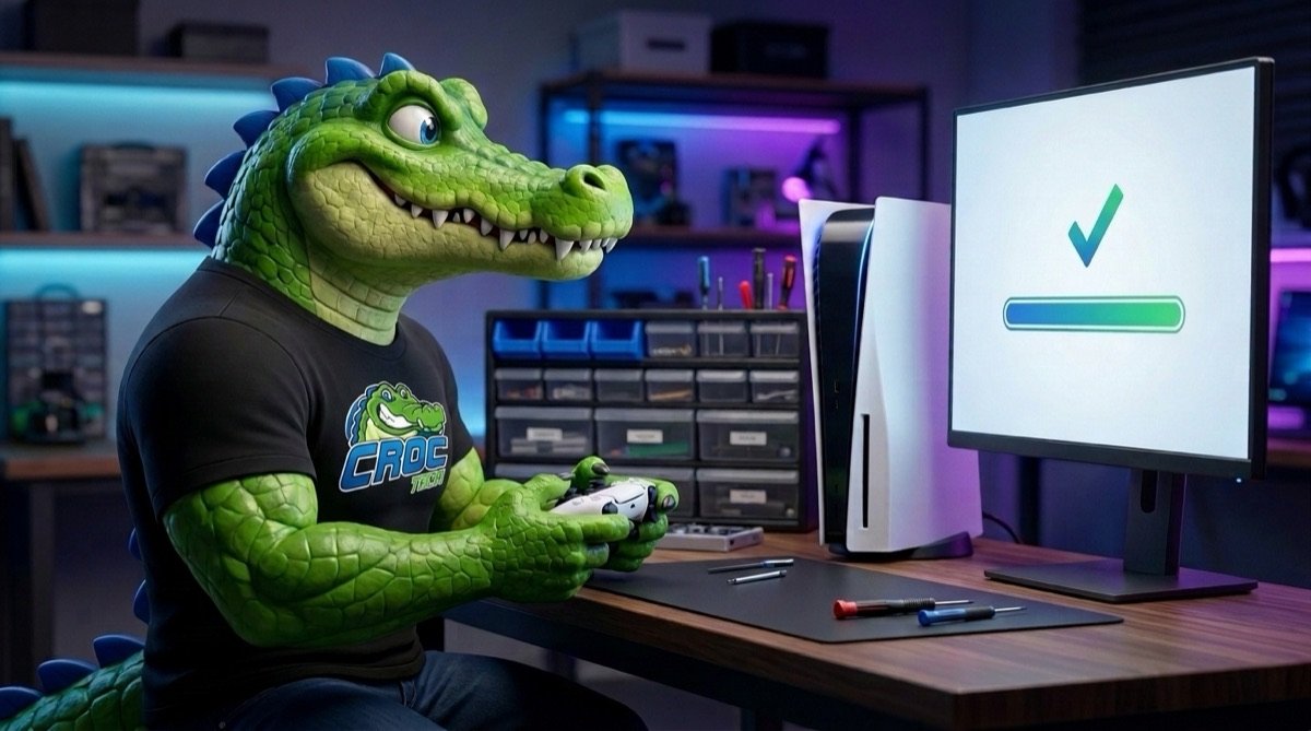 Mascote com um controle nas mãos olhando um monitor com uma barra de progresso concluída ao lado do console ligado