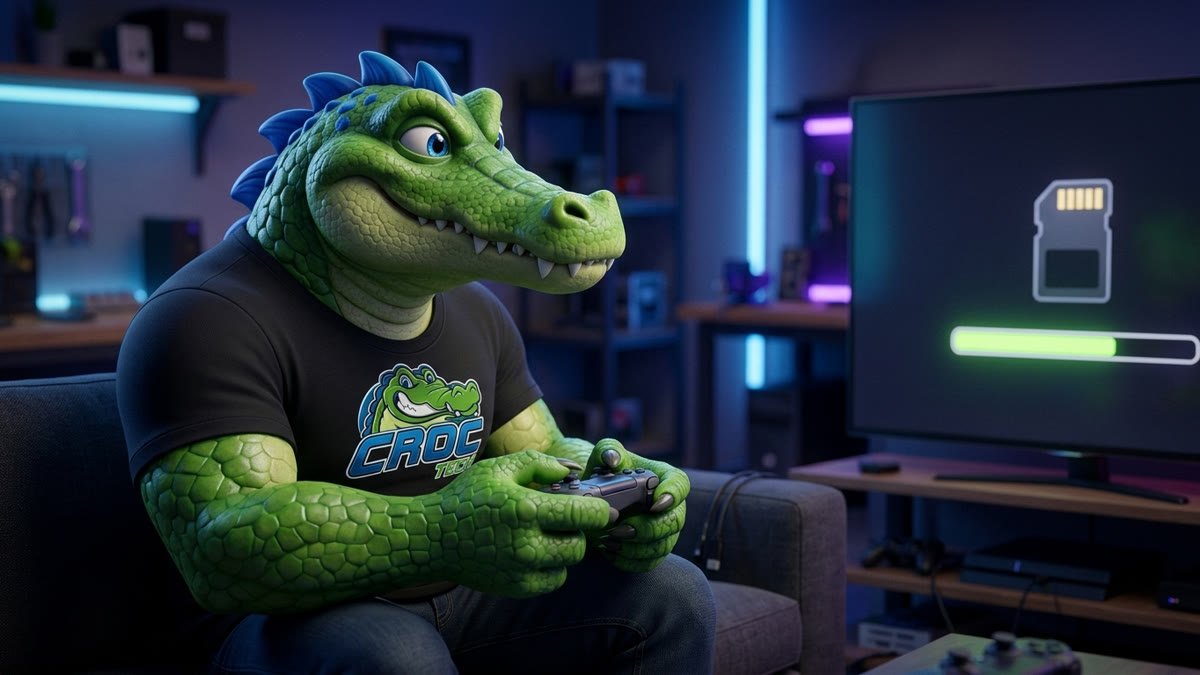 Mascote crocodilo da CrocTech no sofá com o controle, olhando a TV que mostra o cartão de expansão sendo configurado