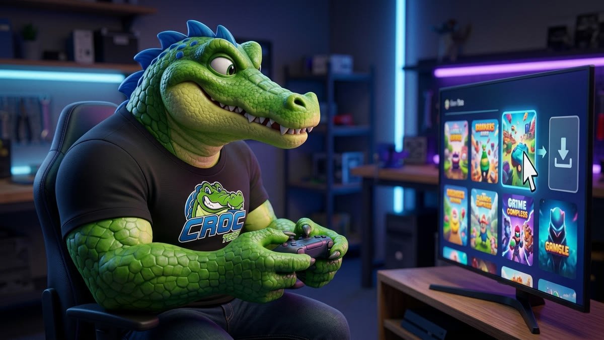 Mascote com o controle escolhendo um jogo na biblioteca da TV para mover ao cartão