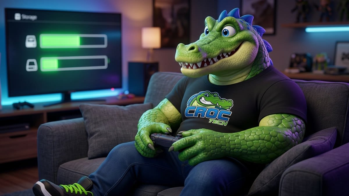Mascote relaxado no sofá, com a TV mostrando dois discos com bastante espaço livre